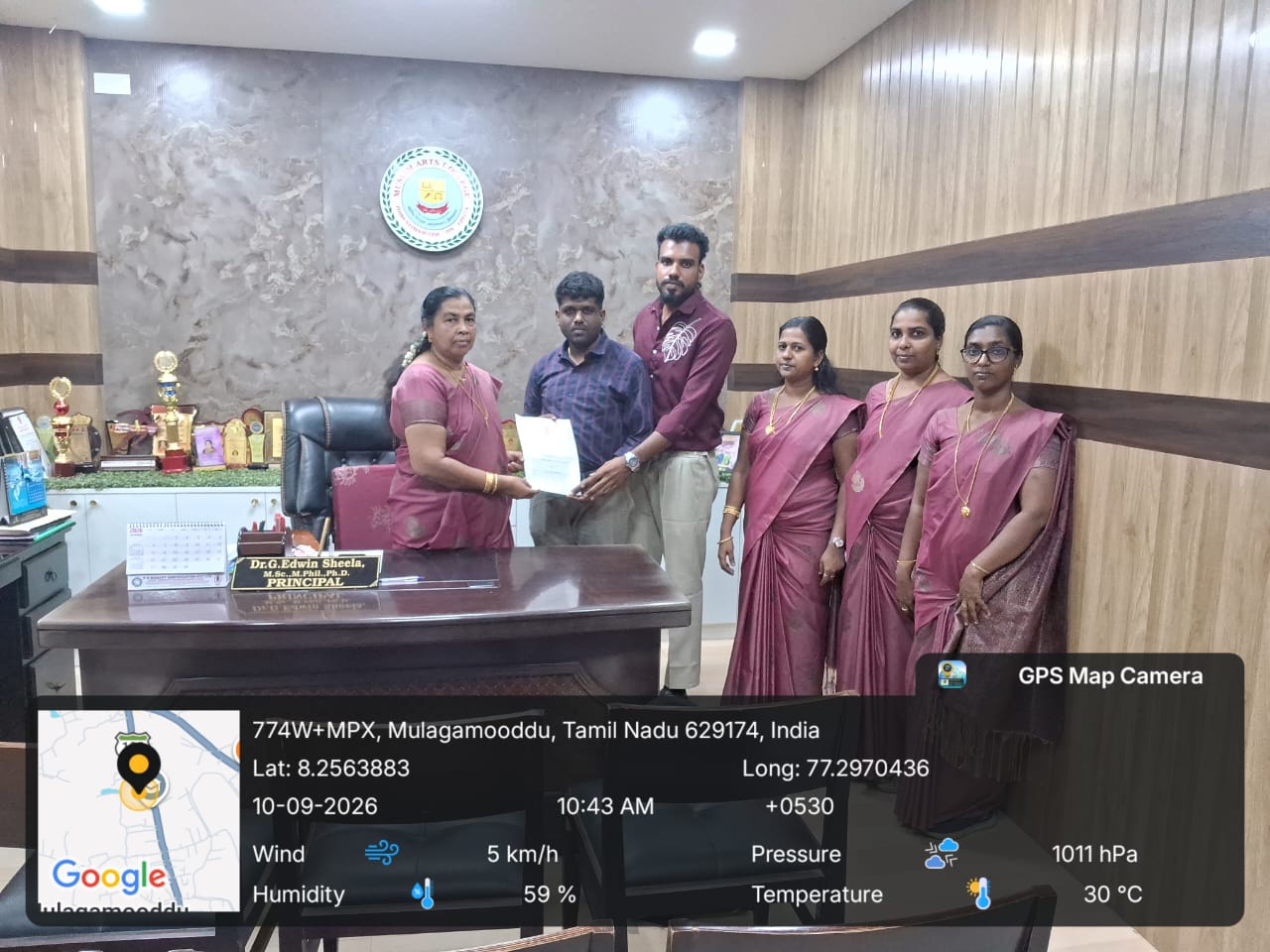 MoU exchanged between Geospatial Campus and Muslim Arts College (Autonomous), Thiruvithancode with Dr. G. Edwin Sheela, Principal, and faculty of the PG and Research Department of Physics on 10 September 2026